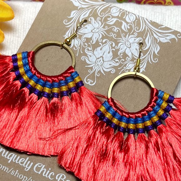 Med Fan Tassel Earrings Red Hoops Smooth Shiny Silky Fringe Drop Dangles - Picture 2 of 4